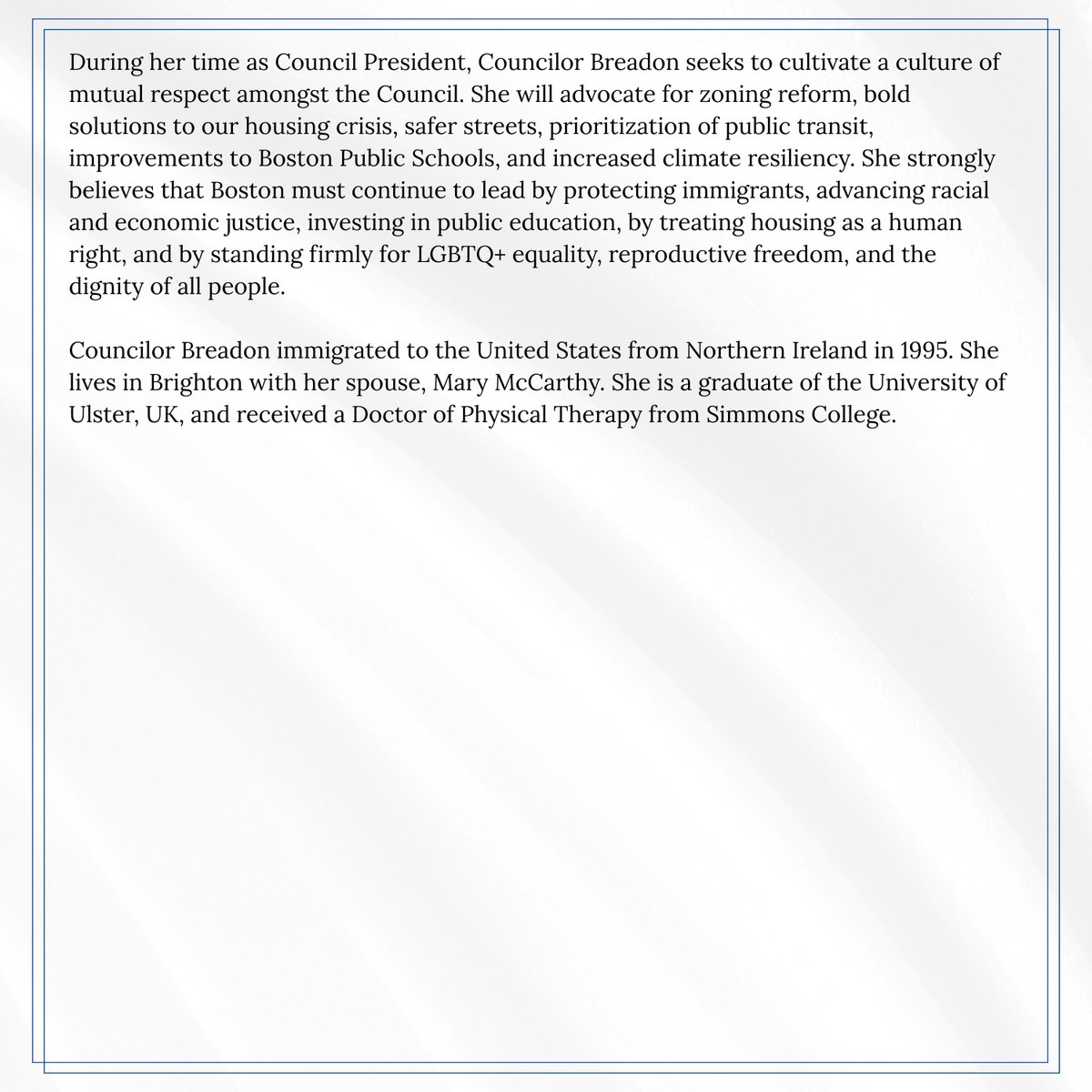 Get to know the people shaping our City. Meet District 9 Councilor and Council President Liz Breadon.