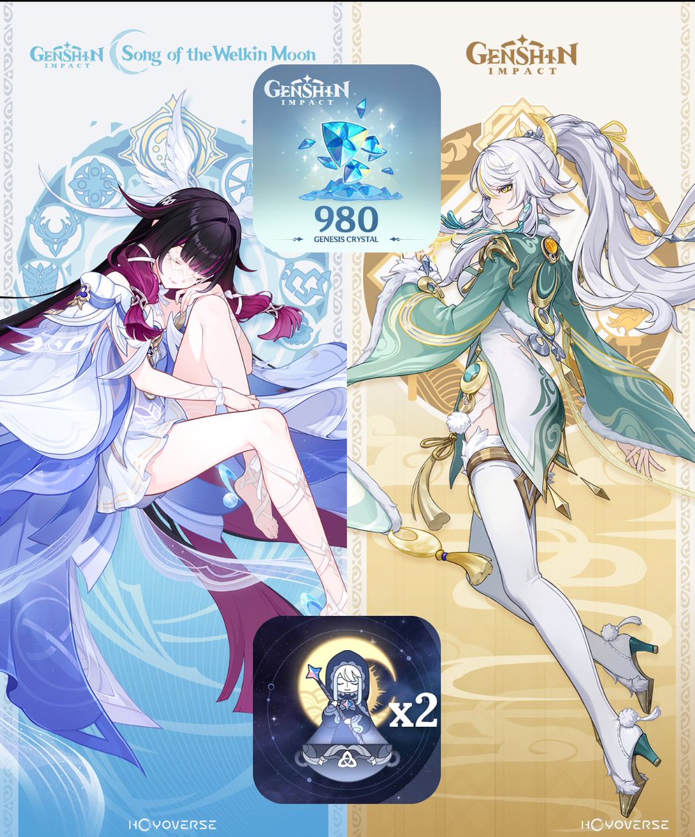 ✨980 Genesis Crystal Pack + 2x Welkin Moon Giveaway for the release of version Luna IV ~ Come get your Columbina &amp; Zibai funds!
To enter:
✧ Like, Retweet &amp; Follow
✧ Follow me @ twitch.tv/thewanderervt and reply with your Twitch name
More details in the comments
#GenshinImpact