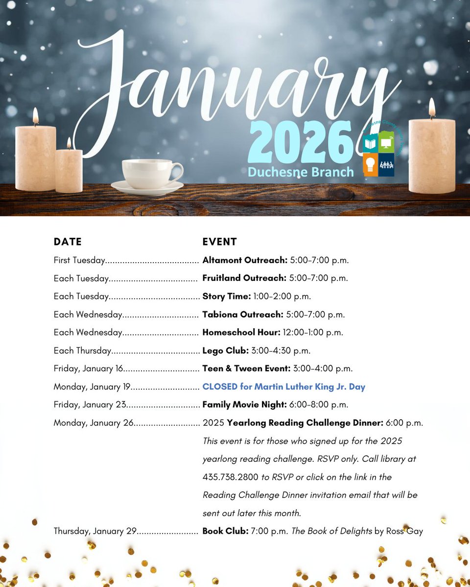 DuchesneLibrary's tweet photo. January events at Duchesne Branch Library! https://t.co/F8u4dS9anR