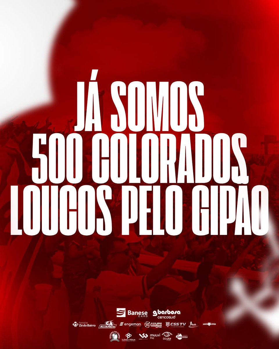cssergipeofc's tweet image. Mais de 500 sócios movidos pela paixão pelo Gigante Sergipano! 🔴⚪
A Nação Colorada é união, superação e amor pelo Gipão.
Vem pra essa festa: seja Sócio Gipão! 🇦🇹