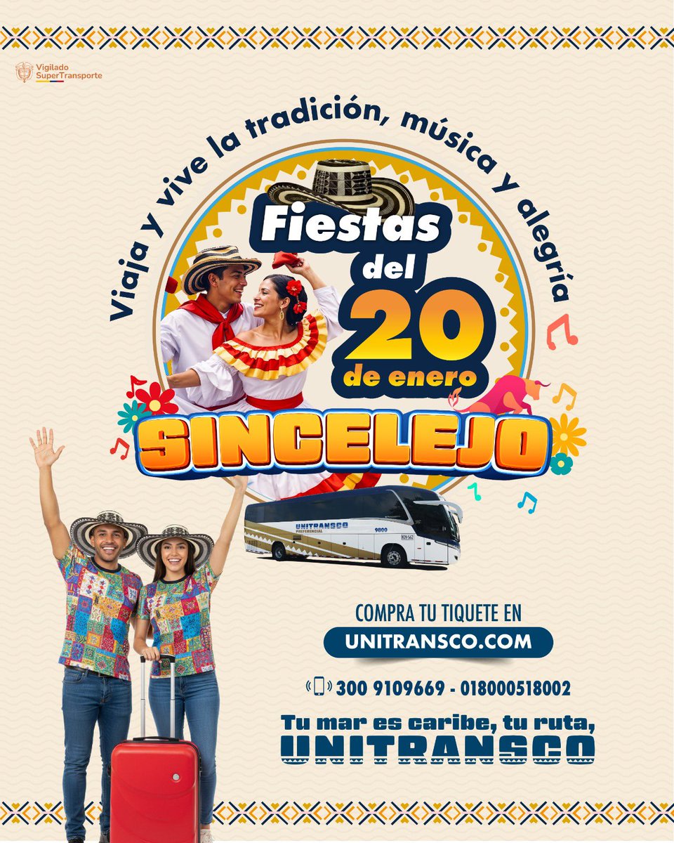 ¡Vámonos pa’ #Sincelejo! Disfrutemos juntos de su cultura y tradición en las #FiestasDel20DeEnero. 

Compra tus pasajes llamando desde celular 📲 a nuestra nueva línea 300 910 9669; en la página web 👩🏻‍💻unitransco.com  o acercándote a nuestras taquillas✅