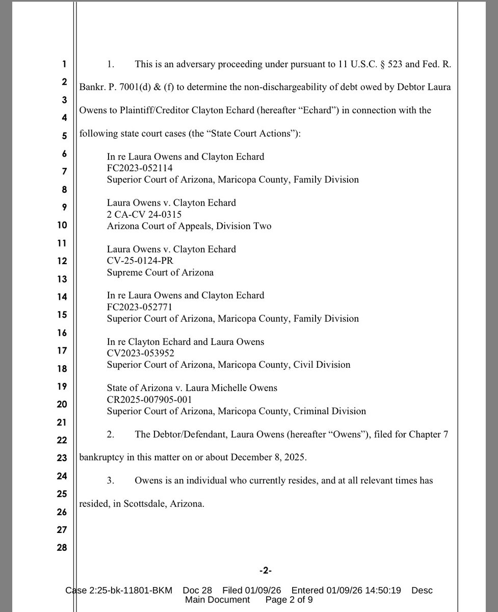 ClaytonsJustice's tweet image. Docket Update and Court Documents for the Chapter 7 Bankruptcy case of #LauraMichelleOwens. Markus Risinger and Gregg Woodnick, attorneys for Clayton Echard, filed an Adversary Complaint for Nondischargeability of Debt Against Debtor Laura Owens, which was filed and docketed on…