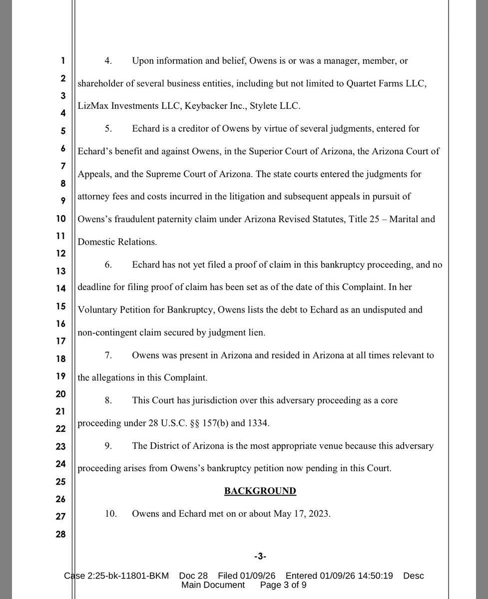 ClaytonsJustice's tweet image. Docket Update and Court Documents for the Chapter 7 Bankruptcy case of #LauraMichelleOwens. Markus Risinger and Gregg Woodnick, attorneys for Clayton Echard, filed an Adversary Complaint for Nondischargeability of Debt Against Debtor Laura Owens, which was filed and docketed on…