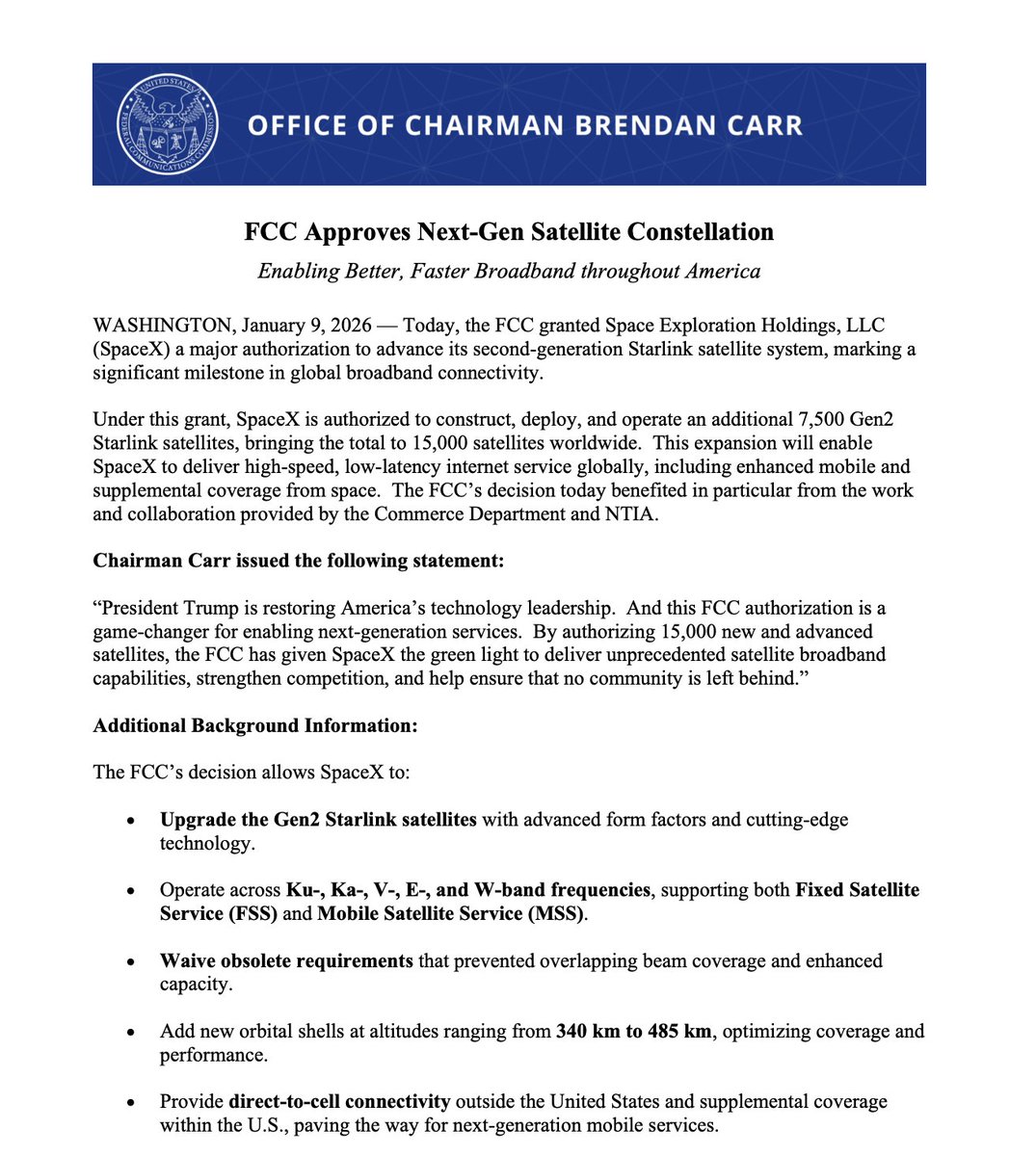 SawyerMerritt's tweet image. NEWS: The FCC has just authorized @SpaceX to deploy and operate up to 15,000 next-gen satellites (up from 7,500).

"This expansion will enable SpaceX to deliver high-speed, low-latency internet service globally, including enhanced mobile and supplemental coverage from space."…