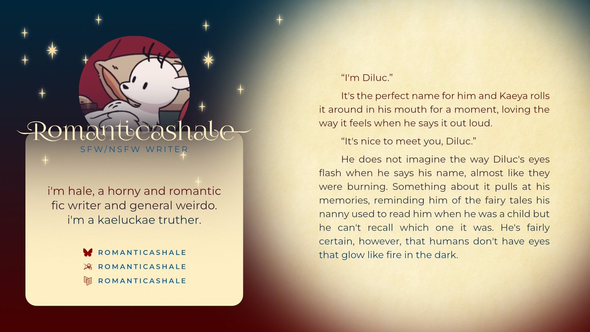✨ CONTRIBUTOR SPOTLIGHT ✨

Our next writer is Hale (<a href="/romanticashale/">romanticashale</a>)! Hale is there to defend KLK with all their might, and we're eager to see them prove the pen mighter than the sword with the heart-wrenching romance they've written for our zine~