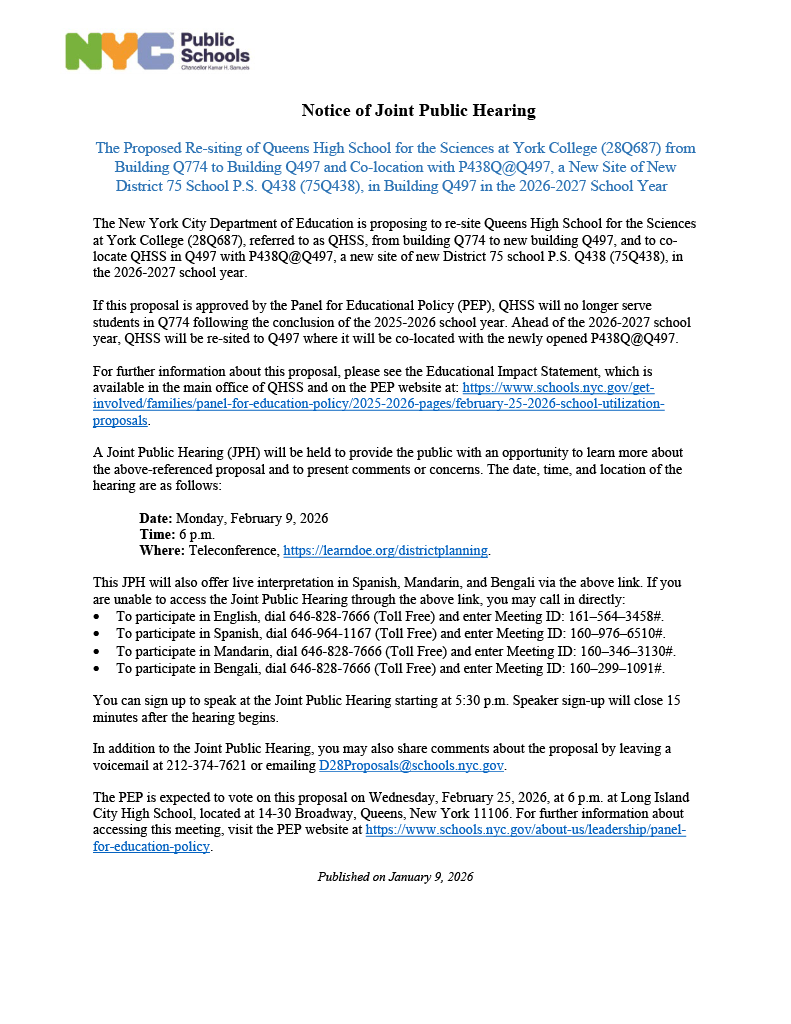 Read the Joint Public Hearing for the proposed new site for our school! For more information, visit our website.