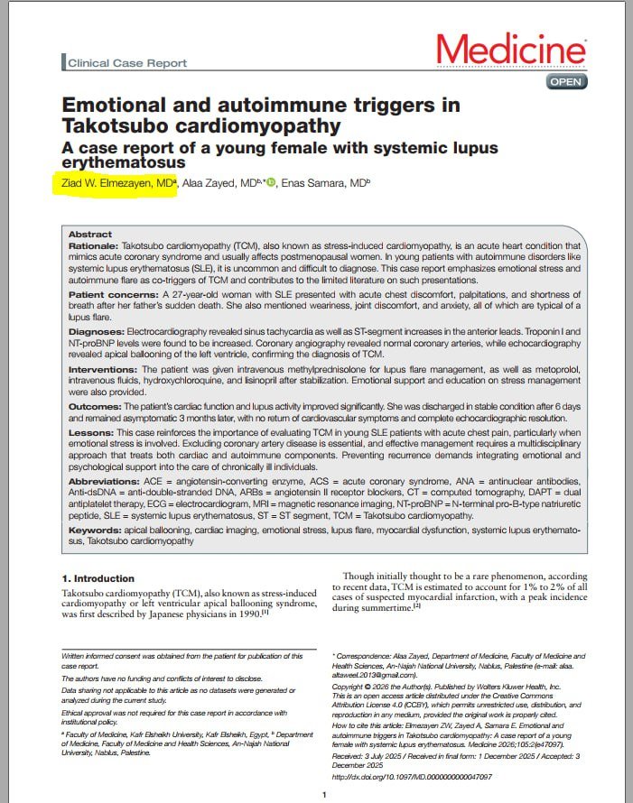 ziadwalid2000's tweet photo. Just published - Medicine journal ✨

Titled:
" Emotional and autoimmune triggers in Takotsubo cardiomyopathy: A case report of a young female with systemic lupus erythematosus."

Link :
https://t.co/ad6qwwdI2G https://t.co/NovmNnc8Vc