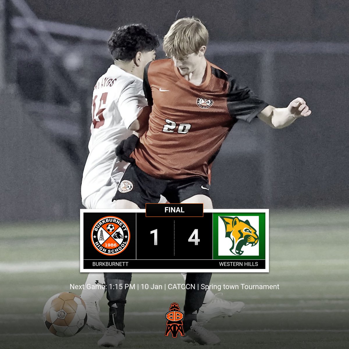 (1-5) Burkburnett - 1
(2-1) FW Western Hills - 4

Griffen Jonston with the lone goal from an assist by Matteo Campi.

Next game: Springtown Tournament, 1:15 PM, Jan 10 at CATCCN. #GoBulldogs #txhssoc #NHB