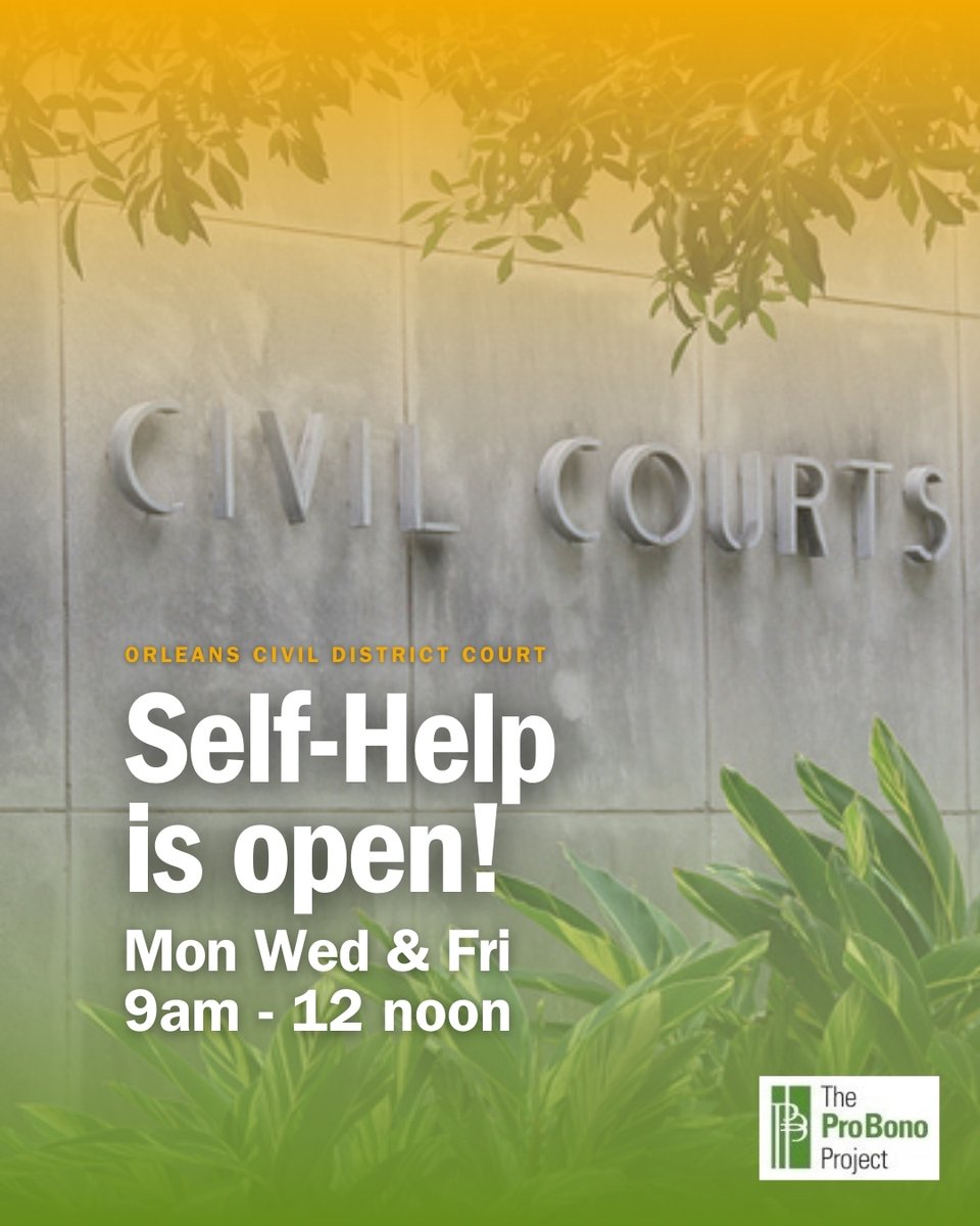The Self-Help Resource Center (SHRC, aka the self-help desk) at Orleans Civil District Court is open!

If you need assistance or legal information (not advice) about your civil legal matter, visit our volunteers at SHRC this week on Monday, Wednesday, or Friday, from 9am-12 noon.