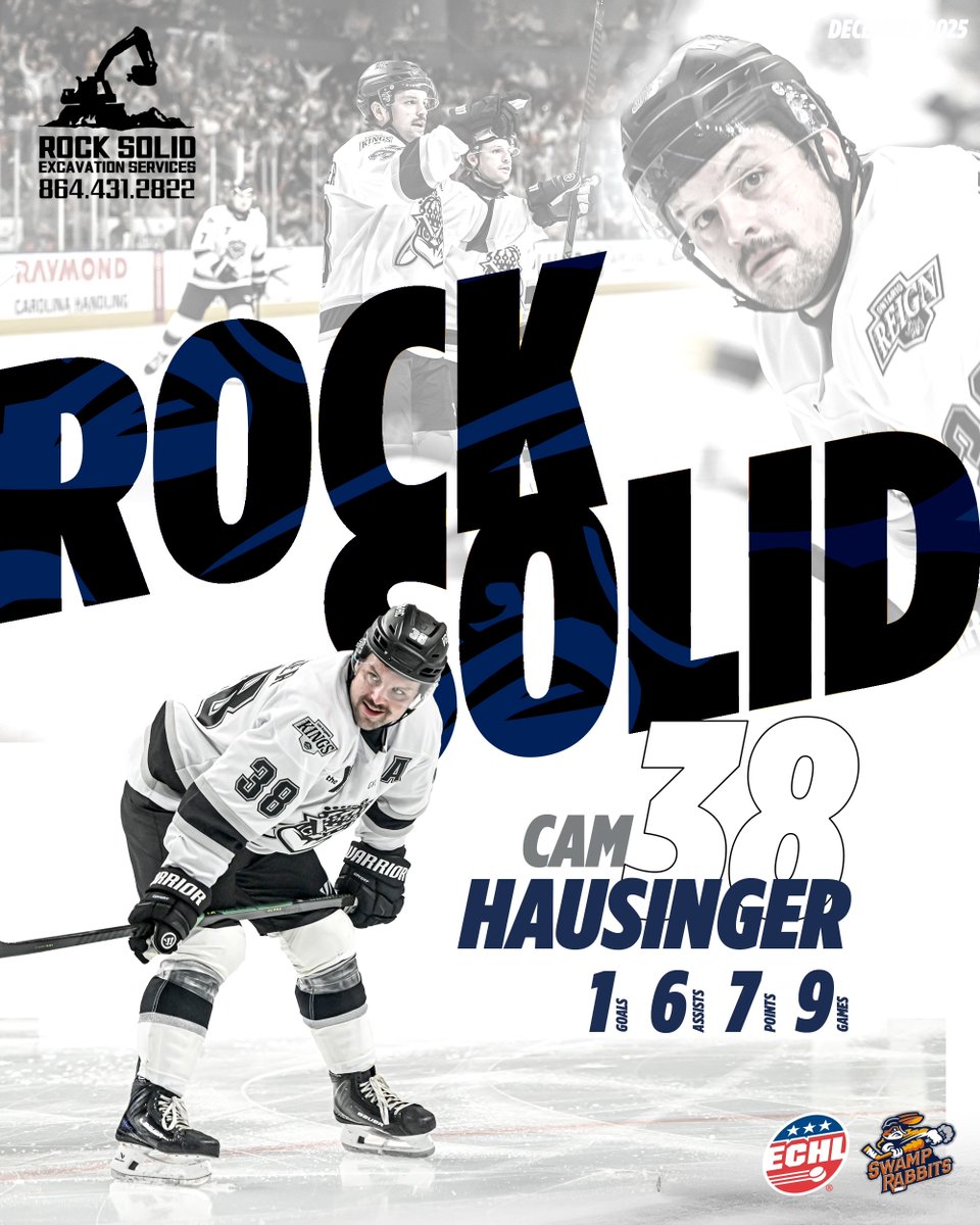 SwampRabbits's tweet photo. December's Rock Solid Performer is Cam Hausinger. Over nine games, he tallied seven points on one goal and six assists, including a Gordie Howe Hat Trick on New Year's Eve. https://t.co/YuGgI96DNb