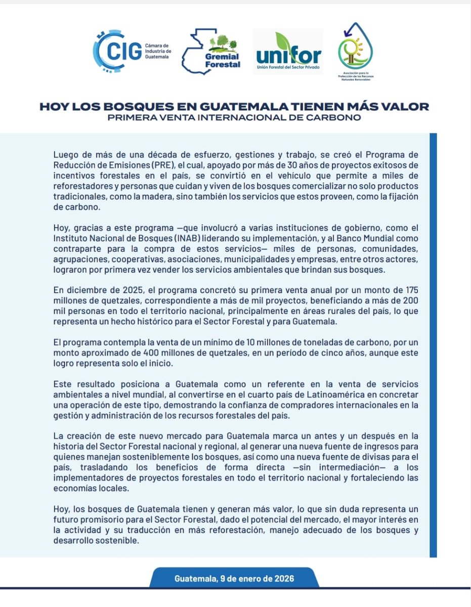 Primera venta nacional de carbono forestal al mercado internacional.

#forestal
#ForestalGT
<a href="/inabguatemala/">INAB Guatemala</a>
<a href="/industriaguate/">Cámara de Industria de Guatemala</a>
<a href="/arnpg/">ARNPG</a>
<a href="/CamagroGuate/">Cámara del Agro</a>
<a href="/CafedeGuatemala/">Anacafé</a>
<a href="/somos_agro/">Somos El Agro</a>