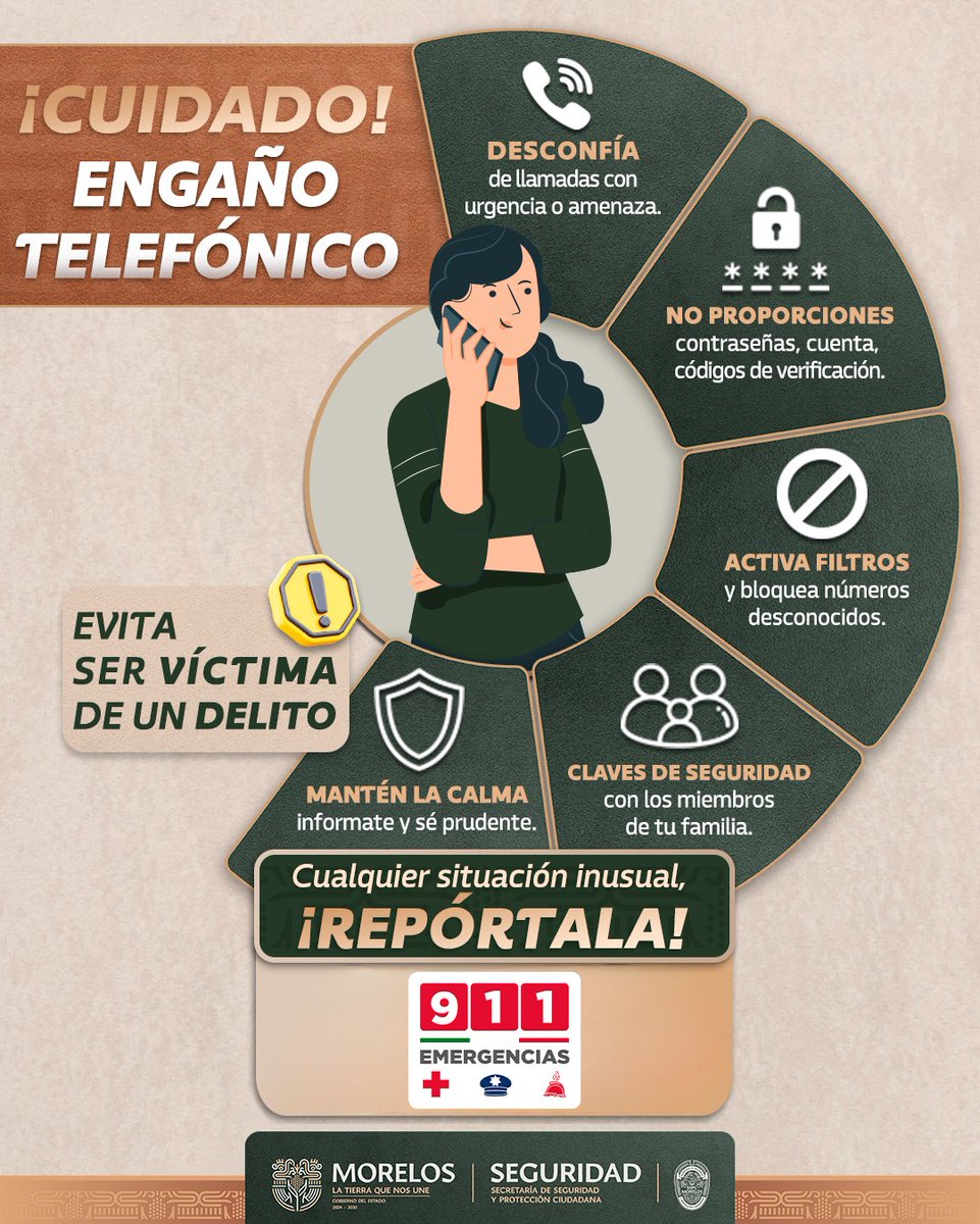 🚨 ¡Cuidado con el engaño telefónico!
Desconfía de llamadas urgentes, no compartas datos personales y bloquea números desconocidos.
Ante cualquier situación inusual, ¡repórtala! 📞911
#Prevención #Seguridad #NoCaigas