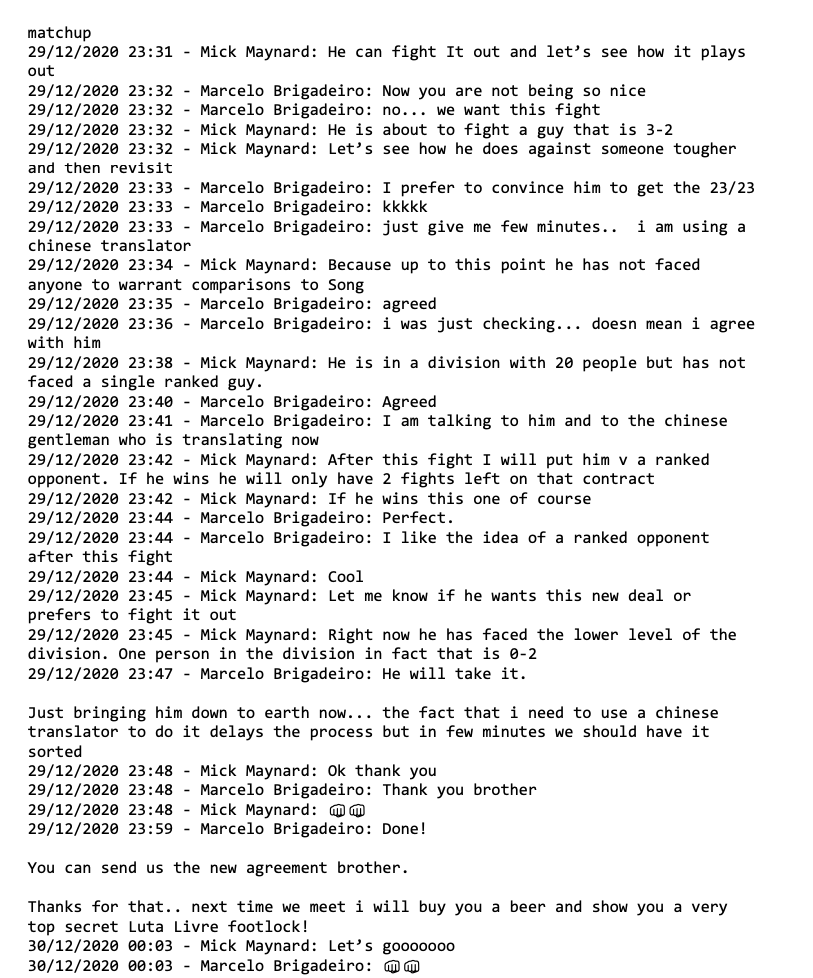 heynottheface's tweet image. On my podcast we went over about 40 pages of  messages between MMA manager Marcelo Brigodeiro and UFC matchmaker Mick Maynard that were disclosed as part of a civil case, and which we thought were pretty revealing of how negotiations are done in MMA.