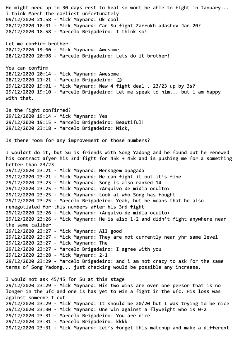heynottheface's tweet image. On my podcast we went over about 40 pages of  messages between MMA manager Marcelo Brigodeiro and UFC matchmaker Mick Maynard that were disclosed as part of a civil case, and which we thought were pretty revealing of how negotiations are done in MMA.