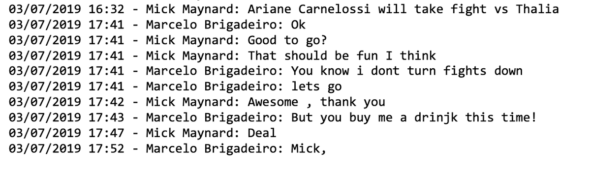 heynottheface's tweet image. On my podcast we went over about 40 pages of  messages between MMA manager Marcelo Brigodeiro and UFC matchmaker Mick Maynard that were disclosed as part of a civil case, and which we thought were pretty revealing of how negotiations are done in MMA.