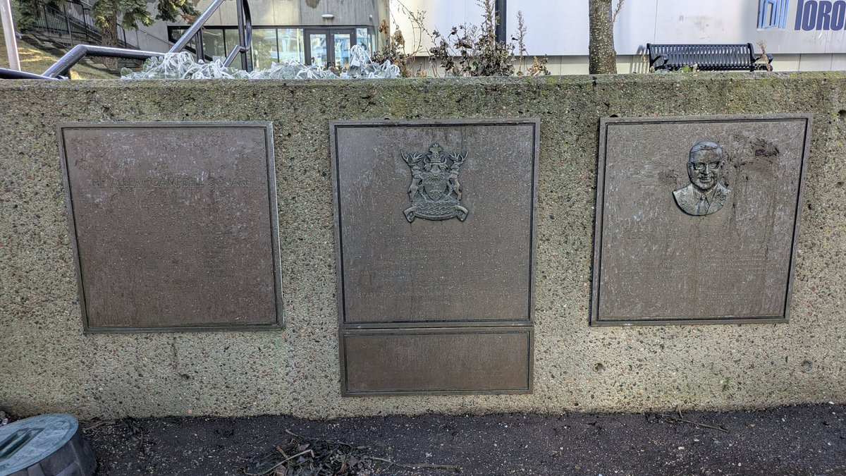 Asian_myth's tweet photo. @311Toronto good morning.  The commemorative plaques outsider Scarborough civic centre are extremely faded.  Can't really read much.  Can they please be repaired/restored so that future generations will now about this building? Thank you https://t.co/EOBpsNpLcB