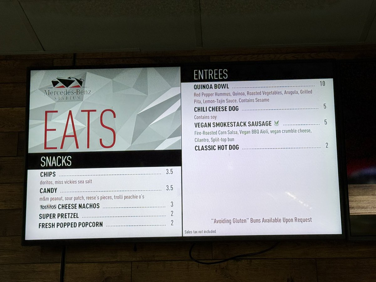 FOS's tweet image. For the Peach Bowl, the Atlanta Falcons' stadium is keeping its family-friendly concession prices for Indiana and Oregon fans.

🍺 $5 beer
🍔 $5 cheeseburger
🍕 $3 pizza slice
🌭 $2 hot dog
🍿 $2 popcorn