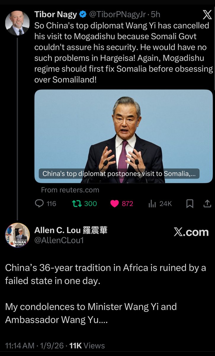 TechniGal_Ash's tweet image. If you’re not following along with Somaliland politics, you’re missing out on some interesting geo-political spats. 

The Taiwanese Ambassador to Somaliland offered condolences to China’s Foreign Minister &amp;amp; China’s Ambassador to Somalia after Mogadishu became too unsafe to travel…