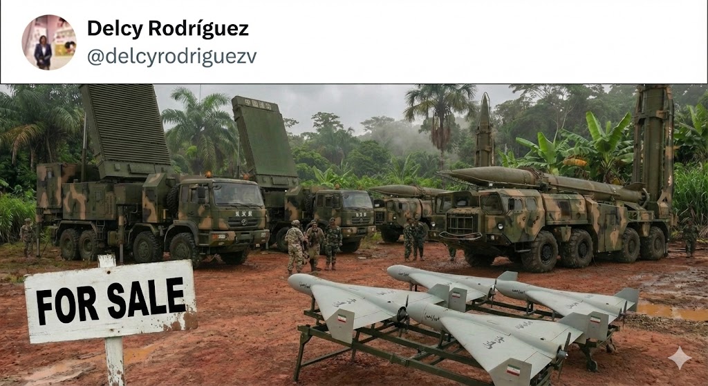 <a href="/delcyrodriguezv/">Delcy Rodríguez</a>
remata los drones Shahed-136, los Scud rusos y los radares chinos ¿habrá compradores? a ver si <a href="/petrogustavo/">Gustavo Petro</a> se anima #VenezuelaLibre #VenezuelaNoEstáSola #venezuela