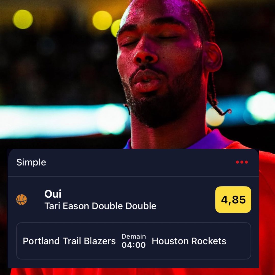 📍MON BET #2 - 10/01 🗓️ | #NBA🇺🇸

1.75% EASON +9.5 POINTS &amp; +6.5 REBONDS 1.90

BONUS: DOUBLE-DOUBLE 4.85

TEAM : BLAZERS x ROCKETS 🛳️🚀

PRESSE « ❤️ » SI TU SUIS LE BET !

#TeamParieur #NBAX