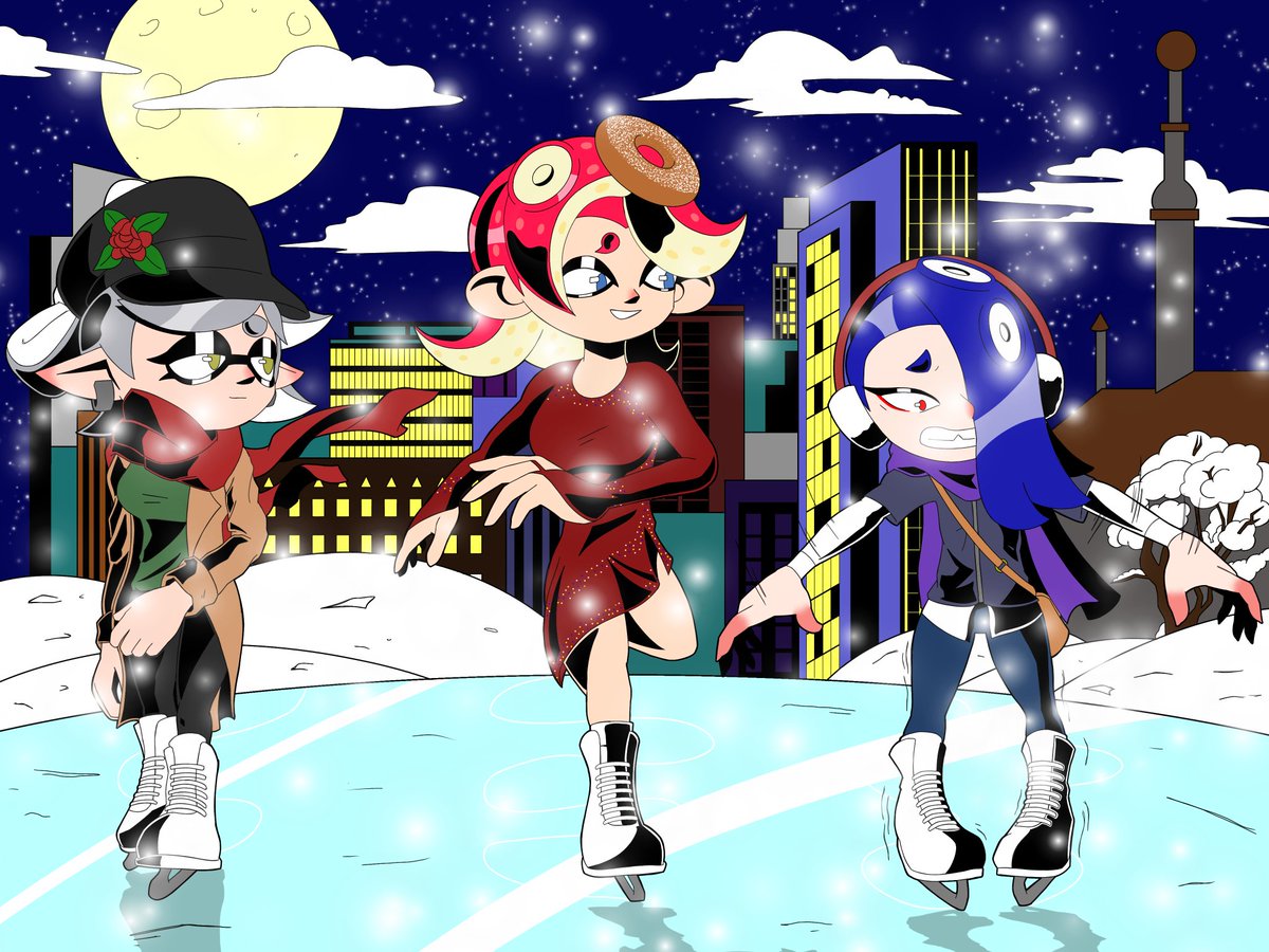 Inklingw_Shades's tweet photo. Three idols enjoying the night ice skating.

(Birthday piece for a friend. OC belongs to @h1eld) https://t.co/0Kv09njblx