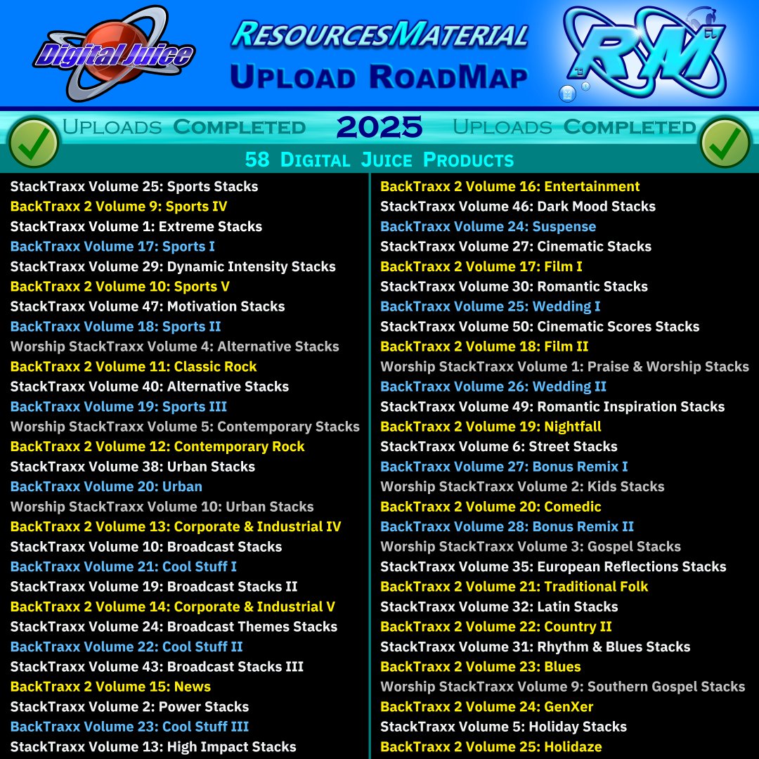ResourcMaterial's tweet photo. 📤 Digital Juice Upload RoadMap: January 2026 Revision

_

Digital Juice products that I plan to upload during 2026 and 2027, in order from top to bottom of the list.

This post also includes completed upload lists from 2024 and 2025. https://t.co/RBOT401AAG