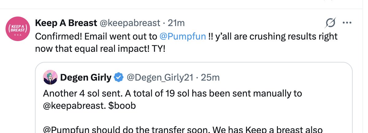 Official $boob token supported by <a href="/keepabreast/">Keep A Breast</a> 42 Sol has been manually transferred so far while we wait on pumpfun to verify the CTO. They are actively posting on their X and engaging in the community.

CA: 9zqre5sRRdFvKqyTyvEd1jcKDRF4g47s7mZSGUnQpump

This has an actual cause