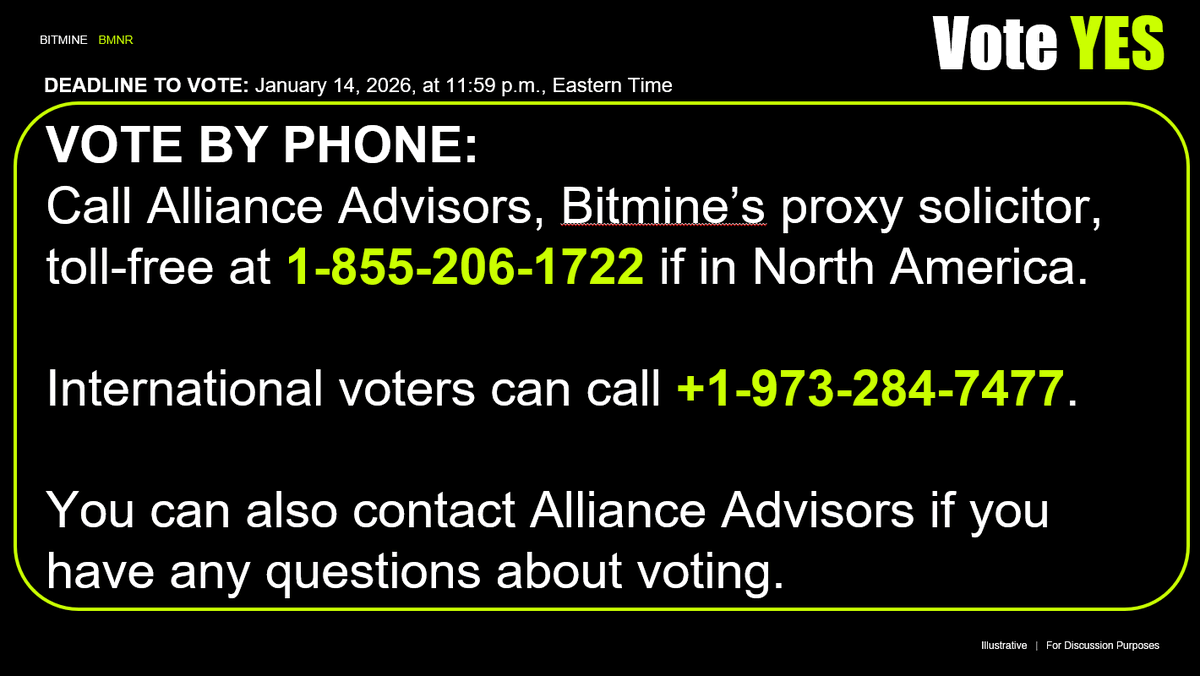 5/
VOTE BY PHONE☎️

Call Alliance Advisors, Bitmine’s proxy solicitor:

➡️Toll-free at 1-855-206-1722 (North America). 
➡️International shareholders call +1-973-284-7477.

keep reading 👀