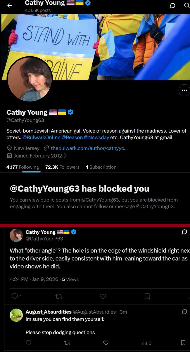 If you are polite to <a href="/CathyYoung63/">Cathy Young 🇺🇸🇺🇦🇮🇱</a> and point out that she dodges questions, she will block you