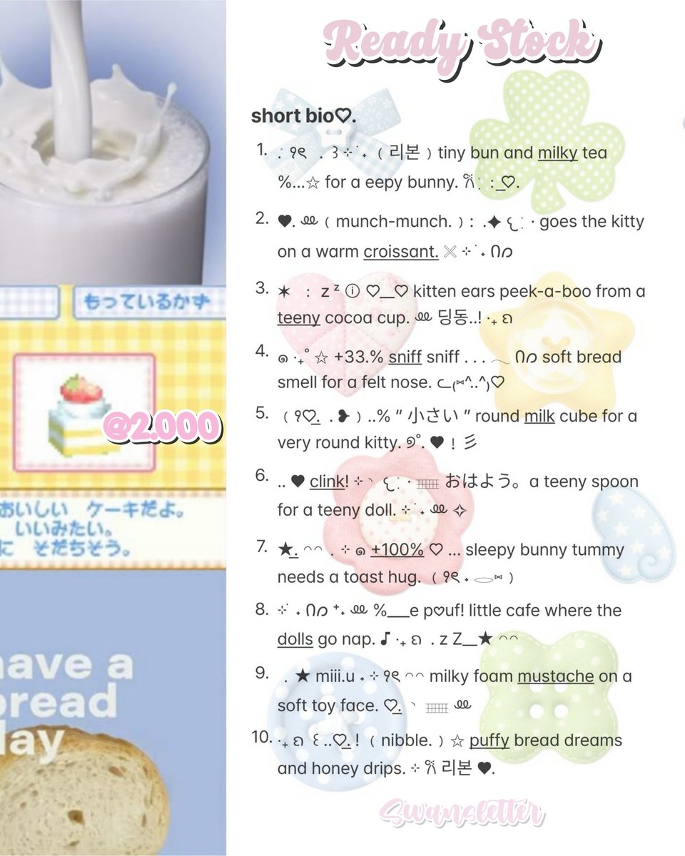 swansletter's tweet image. ㅤ
ㅤ⊹ ࣪ ˖Ი𐑼 𓈈 🧈🥛. . 𓏴 ꔛ
ㅤㅤㅤⓘ help rt please thank u! ♡.

hii-yimloo! ivy bawa wording short bio ready stock suitable for all account. pricy hanya 2.000/each saja! let’cgoo mencimuns abiciiin. n pls mt after dm okiie? &amp;lt;33

t. zonauang wording short bio rs
ㅤ