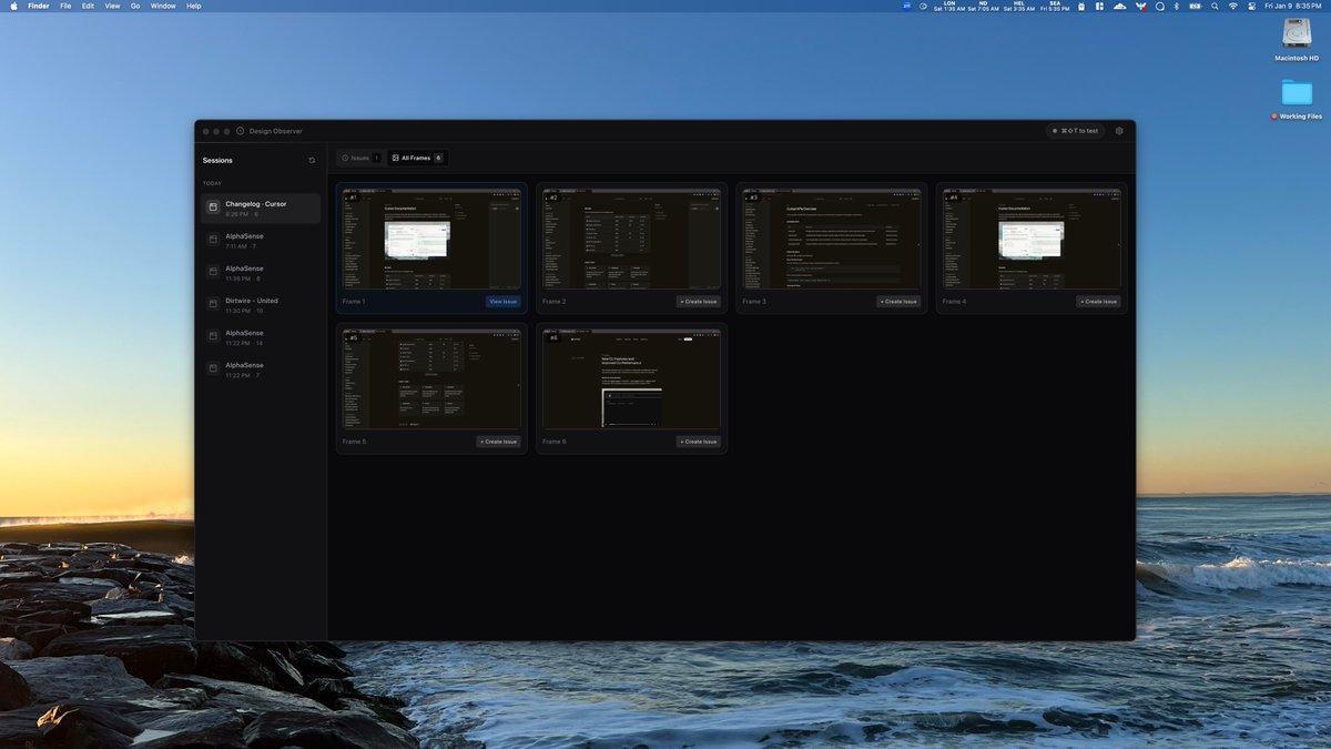 Vibe coded "Design Observer" electron app which automatically captures screenshots &amp; notes on an
