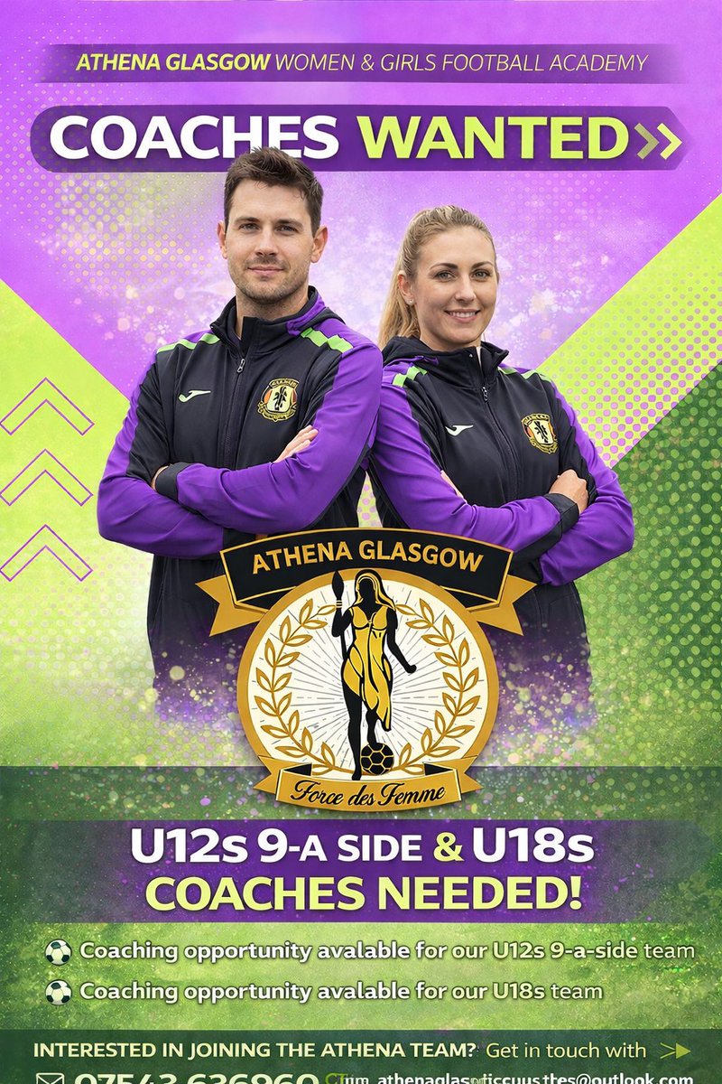 athena_glasgow's tweet photo. We are looking for coaches at our U12s &amp; U18s Teams

For more information please get in touch 💜💚 https://t.co/TKB1sOGlEI