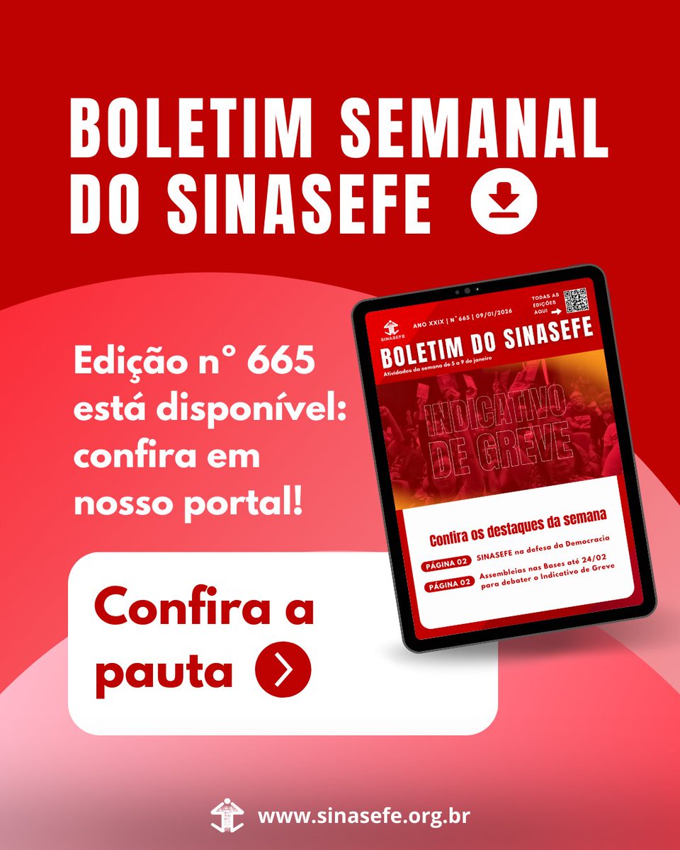 SINASEFE's tweet image. Boletim | SINASEFE lançou nesta sexta-feira (09/01) o Boletim Semanal nº 665.

Confira na íntegra em nosso portal: sinasefe.org.br/site/boletim-s….