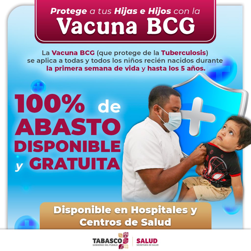 👶💉 Protege a tus hijas e hijos desde el inicio de la vida.

La vacuna BCG, que protege contra la tuberculosis, está disponible de forma gratuita y con abasto garantizado para niñas y niños desde la primera semana de vida y hasta los 5 años.