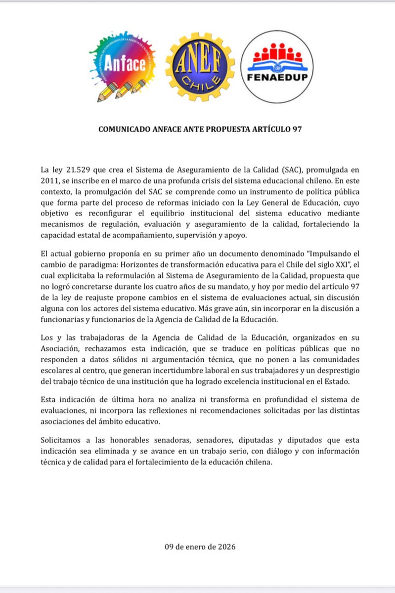 ANFACE_Chile's tweet image. No al artículo 97 de la Ley de Reajuste al Sector Público! Cc. @adnradiochile @anefchile @T13 @24HorasTVN @meganoticiascl @chvnoticias @CNNChile @Cooperativa @biobio @DMatamala @fenaedup