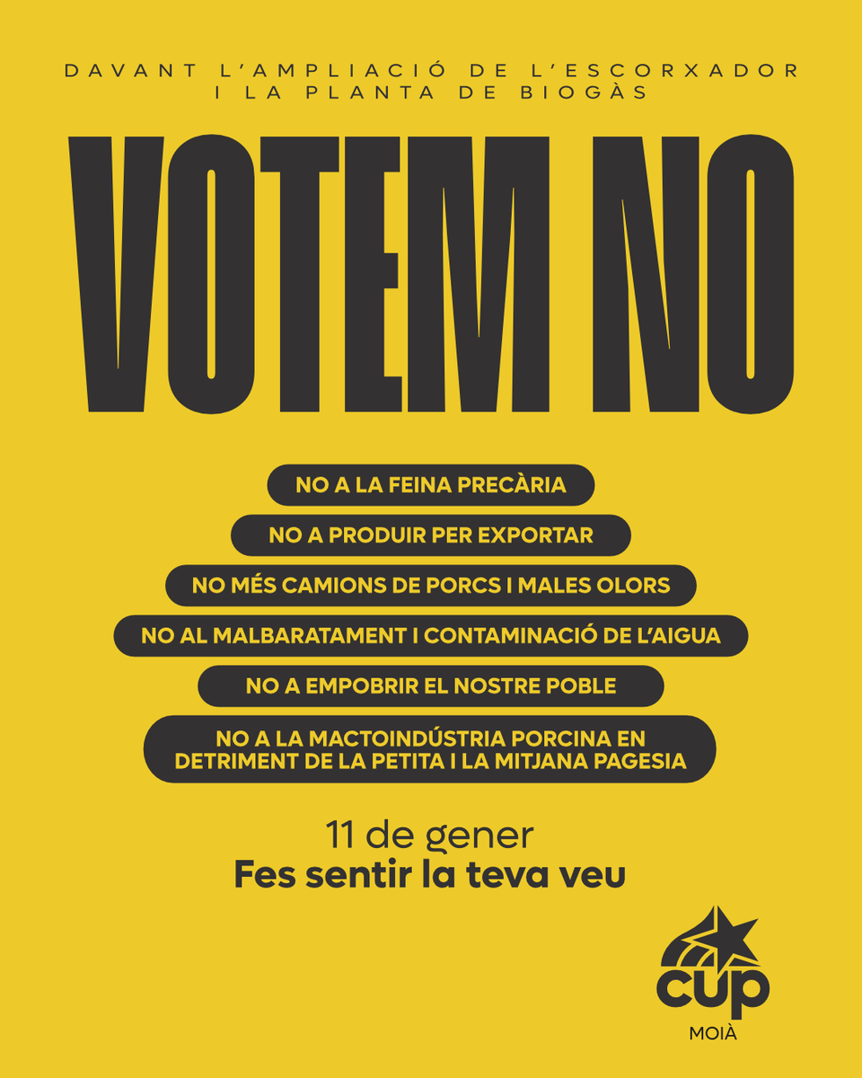 capgiremmoia's tweet photo. El proper 11 de gener, omplim les urnes de dignitat. Per un Moià amb Salut, Terra i Futur ✊🌱

VOTA NO 🗳️ https://t.co/k04VngghyX