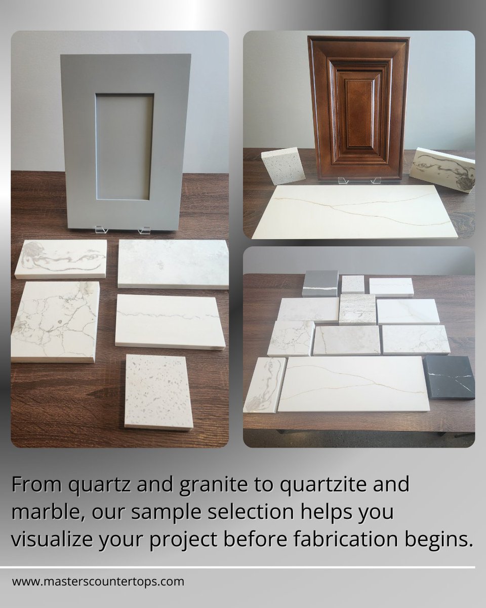 masterscounters's tweet image. Choosing the right countertop starts with seeing and feeling the material in your own space, that’s why we have samples available at Masters Countertops.
Bring your cabinet colors and paint swatches (or take samples home) to:
zurl.co/4GI4k #countertop #quartz #granite