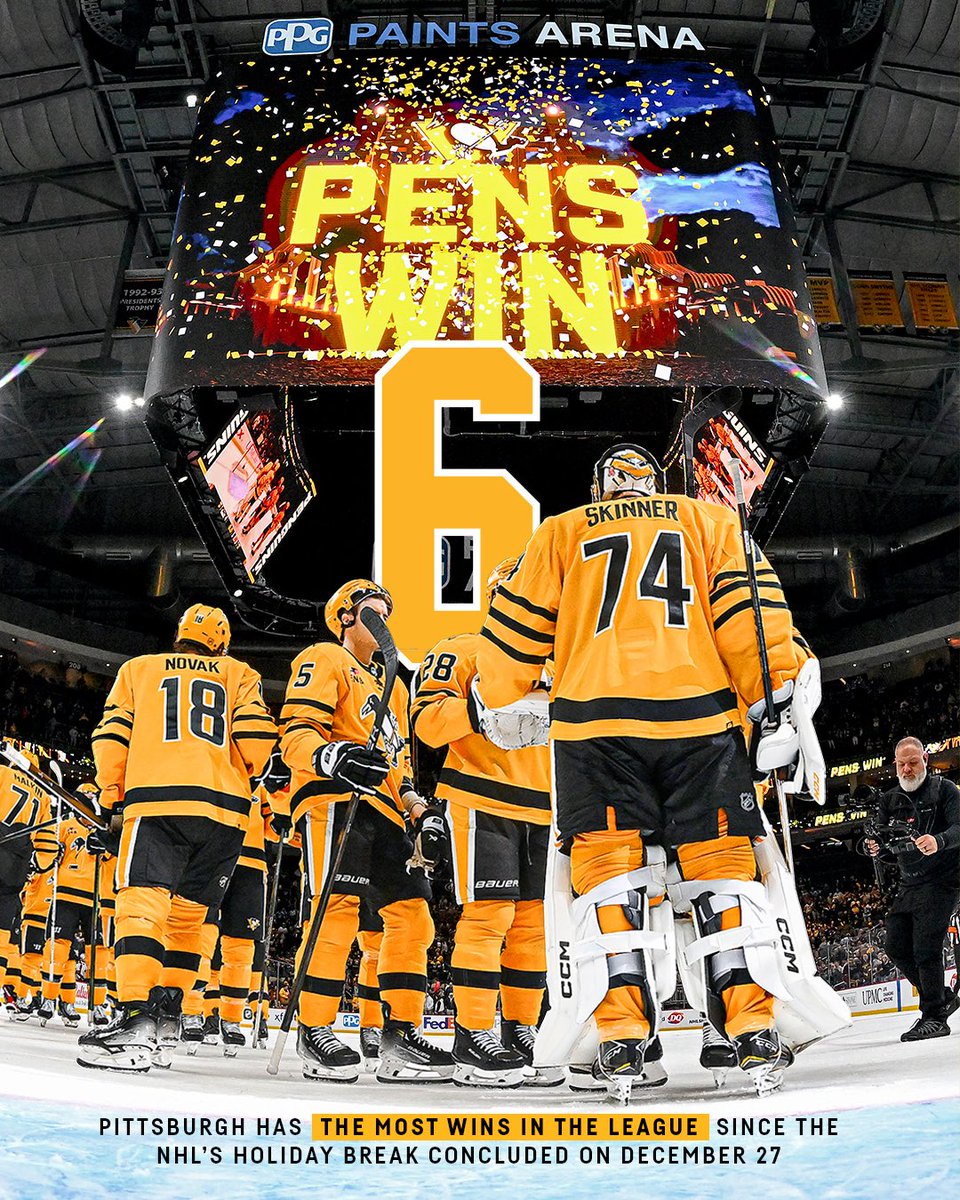 PenguinsPR's tweet image. The @penguins are undefeated since the NHL's holiday break, riding a six-game winning streak with the NHL's most wins since December 27.

Stats behind Pittsburgh's longest winning streak since 2022 ⬇️