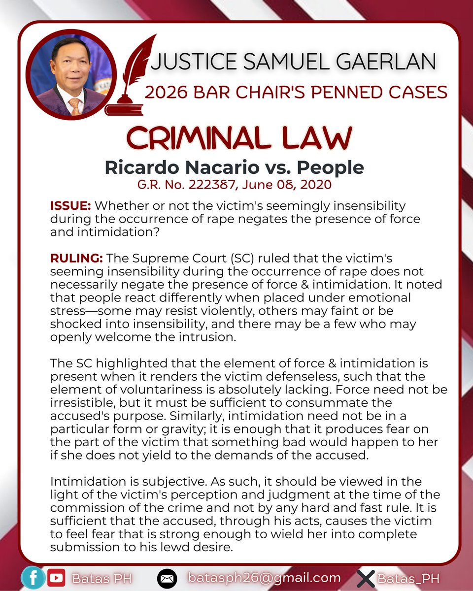 Batas_Ph's tweet photo. JUSTICE SAMUEL GAERLAN PENNED CASE!!⚖️👨‍⚖️ 

Ricardo Nacario vs. People of the Philippines 
 G.R. No. 222387, June 08, 2020 

#StrivewithHopeandGrit #Bar2026 #AweSAMbar2026 #getthatbar2026
#SuccessAchievedthroughMerit #batasph https://t.co/4UNsuVPuAZ