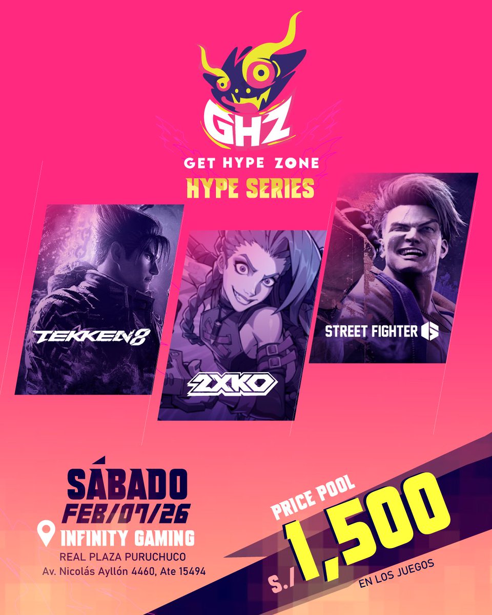 ¡Arranca la GHZ Hype Series en formato híbrido! 🔥
Clasifica online y juega el Top 8 presencial en Infinity Gaming.

🗓 FASE DE CLASIFICACIÓN (online hasta Top 8):
* 2XKO → inicia 24 de enero
* TEKKEN 8 → inicia 25 de enero
* STREET FIGHTER 6 → inicia 31 de enero

🏆 Premio: