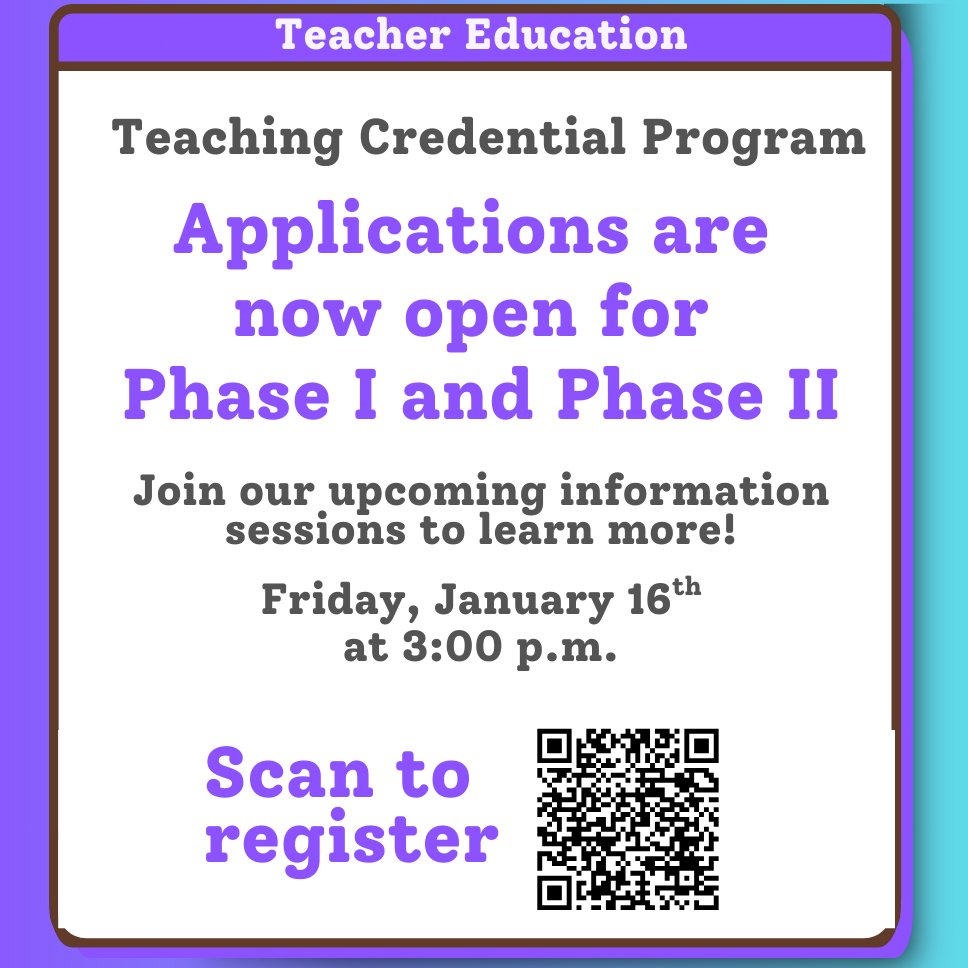 📣 Teaching Credential Program Applications are now open! Phase I &amp; Phase II applications are currently being accepted.

Need help? Join our Application Assistance sessions every Monday &amp; Thursday.

 👉 Check out our Admissions page to learn more: education.csuci.edu/admissions/ind…