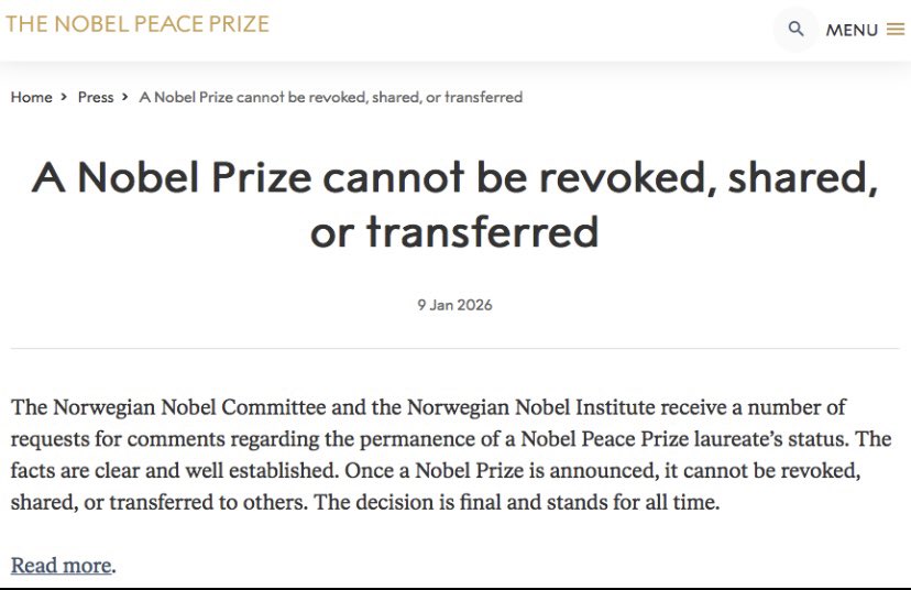 The first Nobel peace price was awarded December 10, 1901.  

In all these 124 years they have never had to issue a statement that a Nobel prize cannot be revoked, shared, or transferred, until a corrupt, demented circus clown took office.