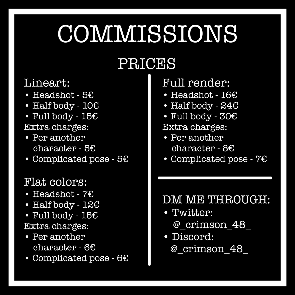 OPENING COMMISSIONS!!!
(Please rt, I'd greatly appreciate it 🫶🏻)

Hi! I finally decided to open commissions. If you are interested please dm me!
Info below ↓

#commissions