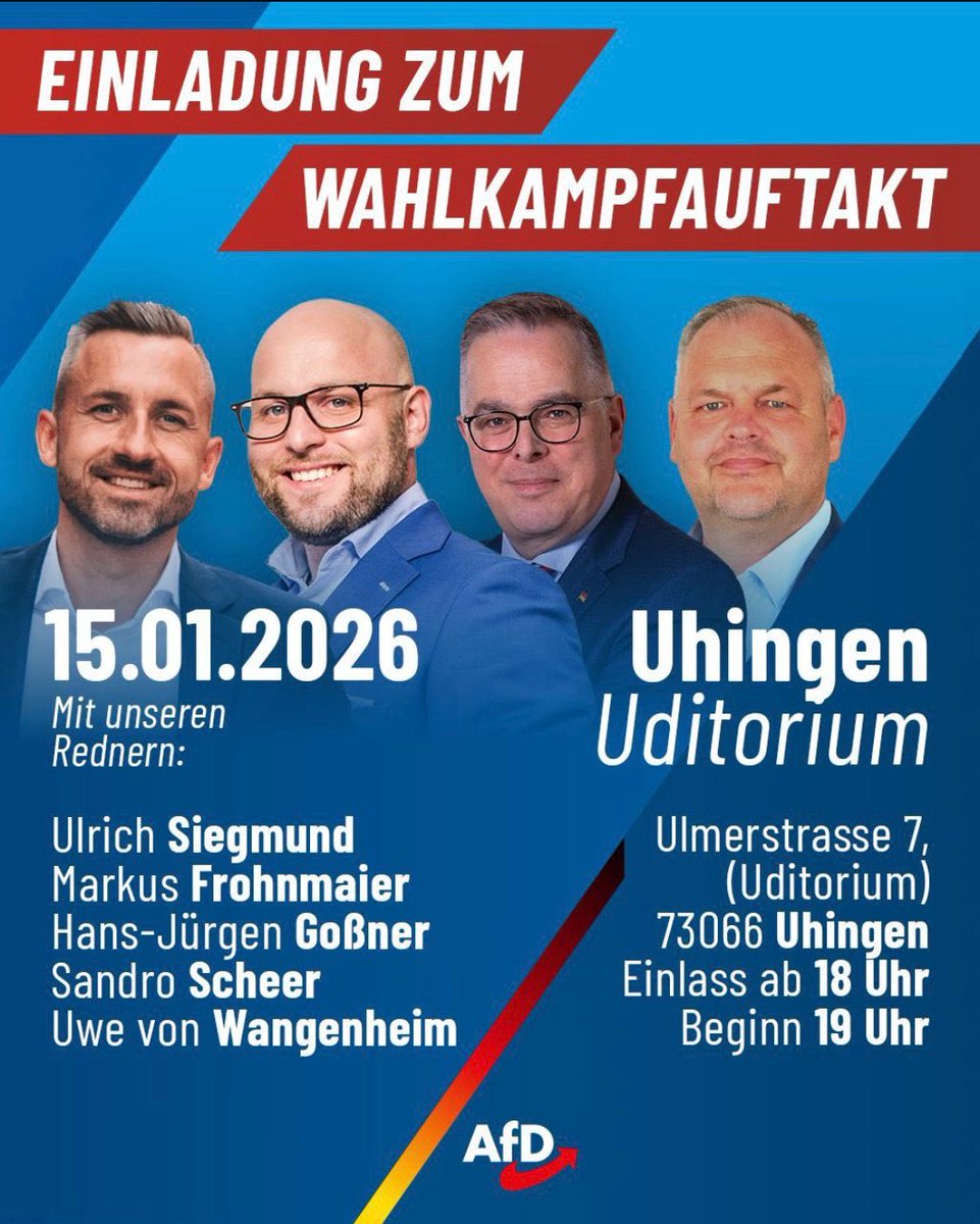 Kommende Woche unterstütze ich die Kollegen in Baden-Württemberg beim Landtagswahlkampf.

Ich freue mich auf Dich am 14.01. in Karlsruhe und am 15.01. in Uhingen.

Wir halten zusammen!

Mit <a href="/Frohnmaier_AfD/">Markus Frohnmaier</a> <a href="/hansigossner/">Hans-Jürgen Goßner</a> und <a href="/sandro_scheer/">Sandro Scheer MdL</a>