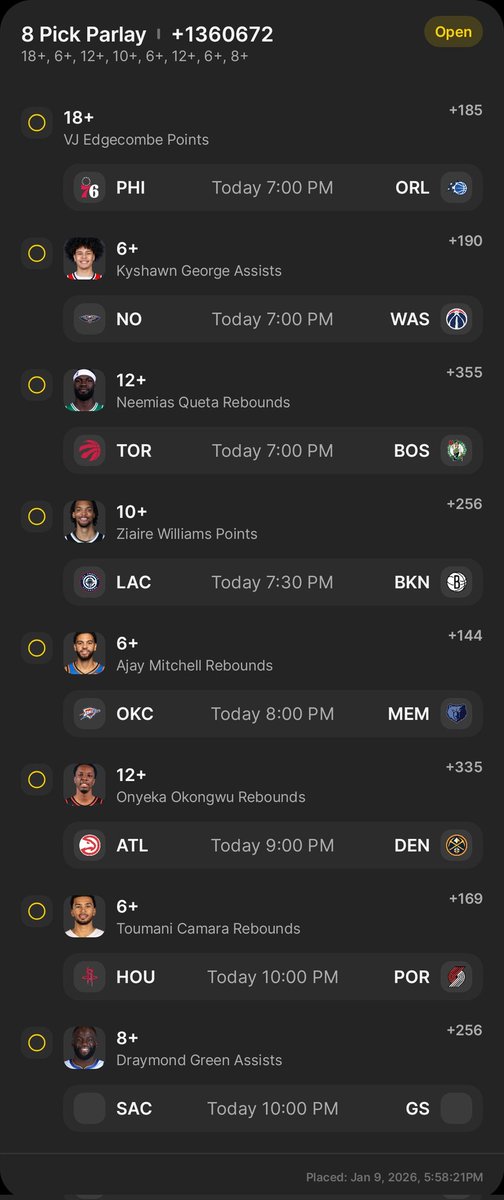 sobernumbers's tweet image. 🚨 TINY RISK, MASSIVE REWARD PARLAY ALERT 🚨
Just threw .50 cents on this wild 8-leg longshot player prop parlay at +1360672!!!
Feels like printing money if it hits 😈💥
Who's got the balls to tail this moonshot? Let's get this bag! 🤑🏀
#NBABets #Parlay #sportsbettingx