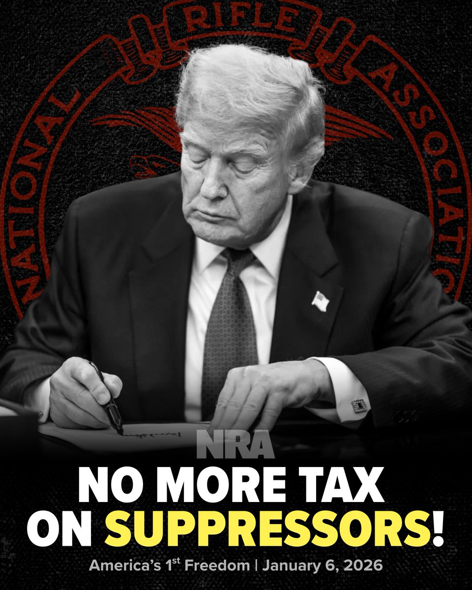 NRA's tweet image. As of January 1, the burdensome $200 excise tax imposed on suppressors has been eliminated thanks to @POTUS’ One Big Beautiful Bill.
 
This is a win for gun owners, but the NFA’s registration scheme for these weapons remains. We aren't finished yet.
 
➡️ americas1stfreedom.org/content/no-mor…