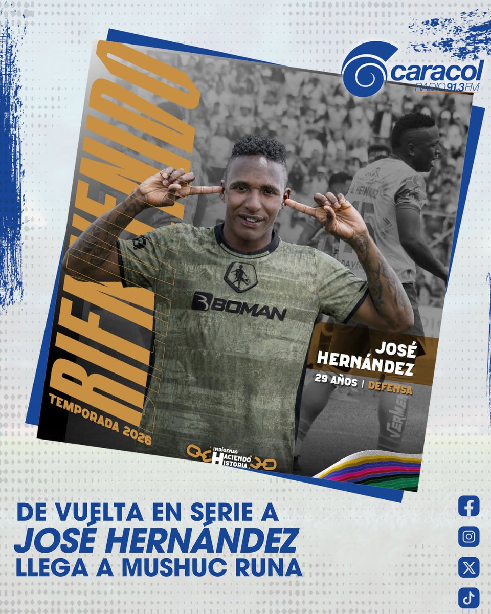 ¡𝗖𝗢𝗠𝗣𝗟𝗘𝗧𝗔 𝗟𝗢𝗦 𝟯 𝗗𝗘 𝗔𝗠𝗕𝗔𝗧𝗢!

José Hernández fue anunciado como nuevo jugador de Mushuc Runa para este año. ⚪️🟢🔴

El lateral izquierdo estuvo en Técnico Universitario y Liga De Portoviejo en 2025. 🇪🇨⚽️🏟