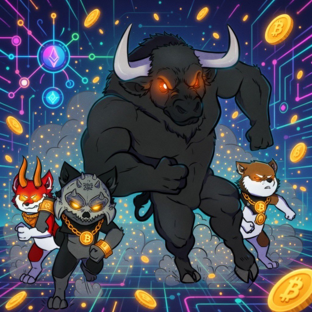 The pack is charging full speed into the next bull run! 🐂🔥 Bitcoin Bison  leading with glowing red eyes, flanked by the fierce Lobo squad: Red Fox,  Skull Wolf & Shiba Warrior.