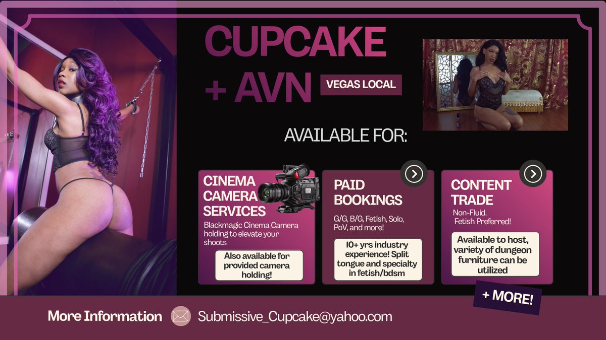 MODELS ATTENDING AVN - LETS CONNECT!

I'm available for:
- Cinematic Camera services
- Paid Bookings involving fluid exchange
- Content Trade involving fetish/BDSM
- More!
