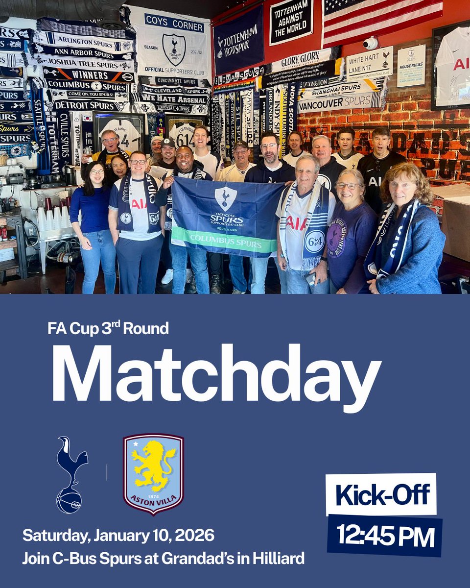FA Cup 3rd round tomorrow! Grandad’s is ready to rock and roll with great pizza, drinks, and an ESPN+ subscription so that we can all enjoy the match! Join us tomorrow afternoon as Villa comes to N17!

🆚 Aston Villa
📅 Sat, Jan 10
🕛 1245pm ET
🍕 Grandad’s in Hilliard!

#COYS